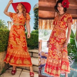 NINE LIVES BAZAAR Soleil Dress Red Orange Floral Midi Maxi